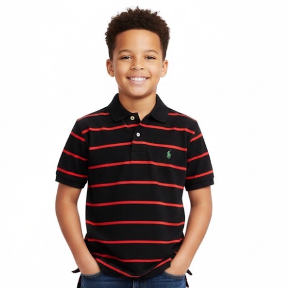 𝅺Polo Ralph Lauren Black Thin Red Stripes Youth Size 12 14 Golf Shirt Preppy